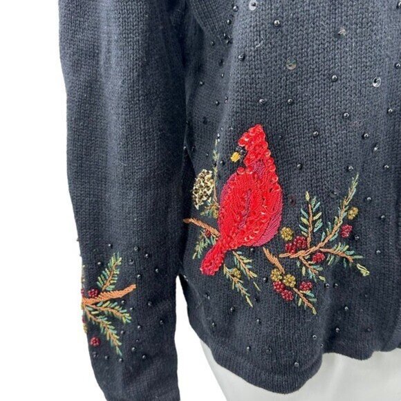 Tiara International Vintage M Cardigan Sweater Cardinal Beaded Zip Up Black Bird - Picture 7 of 9